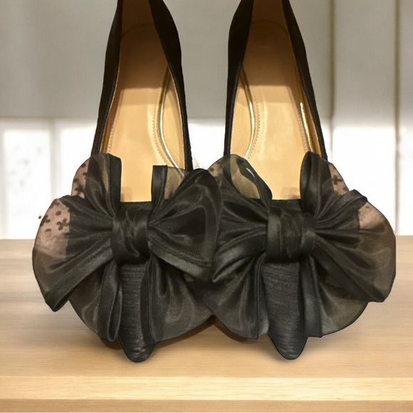 Elegant Black Formal Organza Bow Satin Textured Block Heel Evening Pumps Shoes - Picture 2 of 9